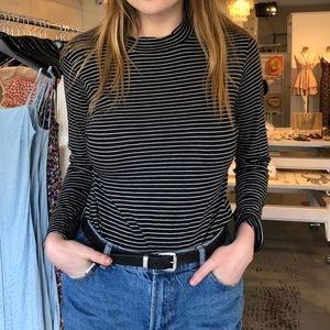 Black and White Striped Mock Neck Long Sleeve Tee